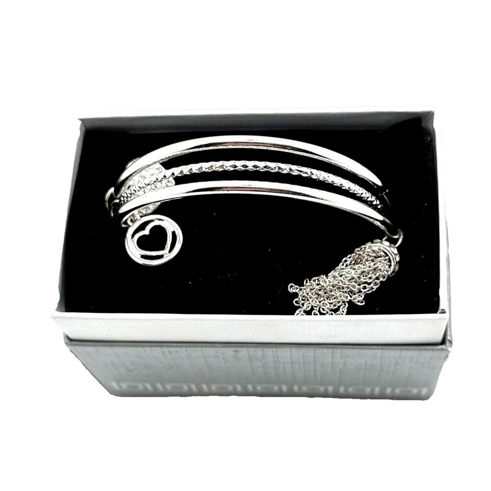 NWT LIZ CLAIBORNE Bangle Bracelet Set Tassel Heart Charms 8" with Box 3 pcs